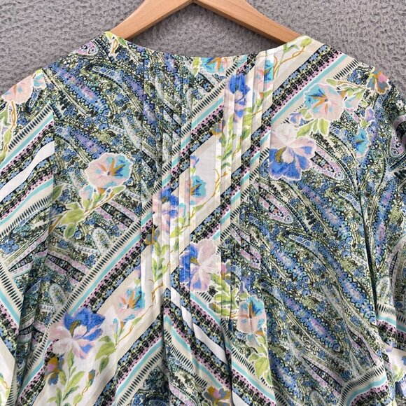 Maeve Anthropologie Top Womens 12 Blue Multi Floral Pleated Short Kimono Sleeve - Picture 4 of 9